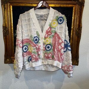 DĀMZE Vintage Floral Chenille V-Neck Button Front Cardigan Size Large